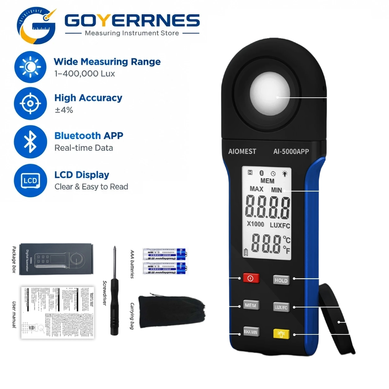 Lux Meter Digital Light - Цифровой люксметр 1-400000 люкс с Bluetooth